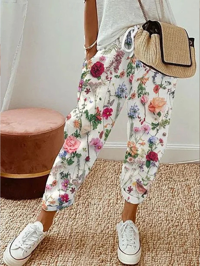  Women's Culottes Wide Leg Elegant Vacation Vintage Full Length High Waist Floral Graphic Printing Breathable Soft Micro-elastic Outdoor Daily Daily Wear rice white Summer Spring Regular Fit