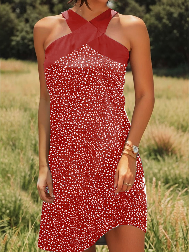  Mulheres Minivestido Vestidos Para o Verão Vestido A Line Férias Casual Para Noite Normal Gráfico Geométrica Poá Sem Manga Halter pescoço Vermelho Azul Roxo Verde Verão
