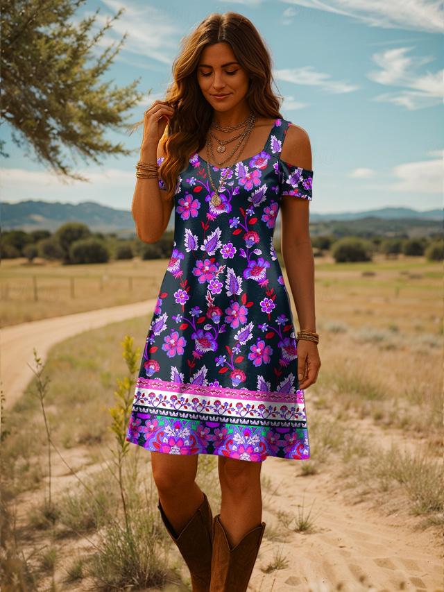  Damen Minikleid A Linie Kleid Sommerkleid Urlaub Lässig Täglich Ferien Normale Passform Blumen Grafik Kurzarm V Ausschnitt Rote Purpur Sommer