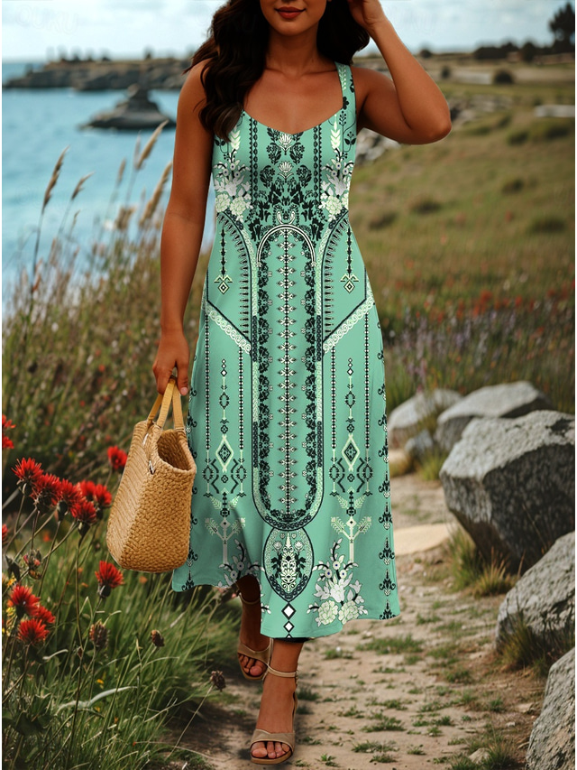  Damen Maxikleid Sommerkleid A Linie Kleid Schulterfreies Kleid Urlaub Lässig Boho Party Ausgehen Strand Normale Passform Grafik Stammes Ärmellos Quadrathals Schwarz-rot Weiß Violett Grün Sommer