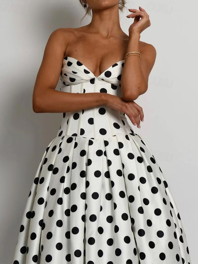  Drop Waist Corset Dress A-Line Cocktail Dresses Polka Dots Dress Formal Wedding Semi Formal Dress Tea Length Midi Length Sleeveless Sweetheart Satin with Pleats Wedding Guest Dress 2025