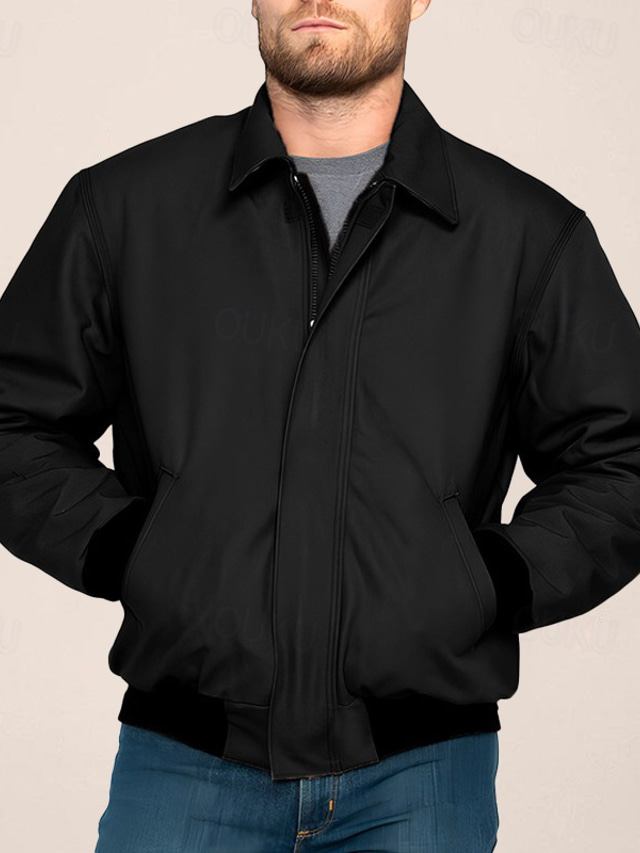  Men's Shirt Jacket Transition Jacket Going out Windbreaker Pocket All Seasons Plain Casual Lapel Regular Black Khaki Jacket