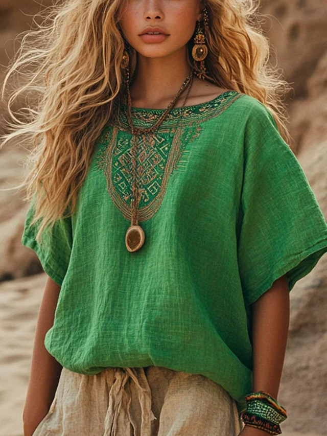  Women's Shirt Floral Bohemia Vintage Ethnic Half Sleeve Crew Neck Boat Neck Regular Tops Daily Holiday Going out Ruched Print Green Summer Spring