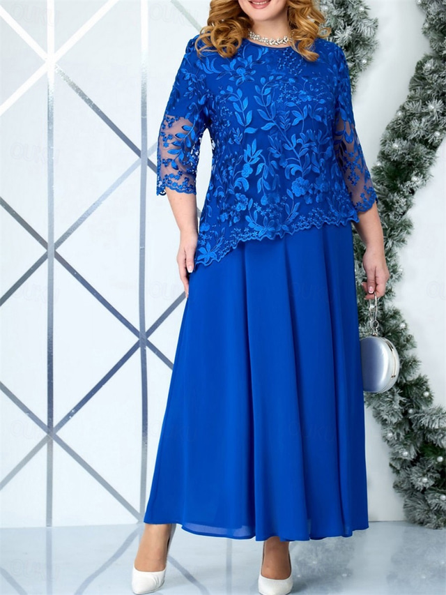  A-Linie Plus Size Kleid Mutter der Braut Kurvenkleid Elegantes Rundhals Knöchellanges Spitze 3/4-lange Ärmel mit einfarbig