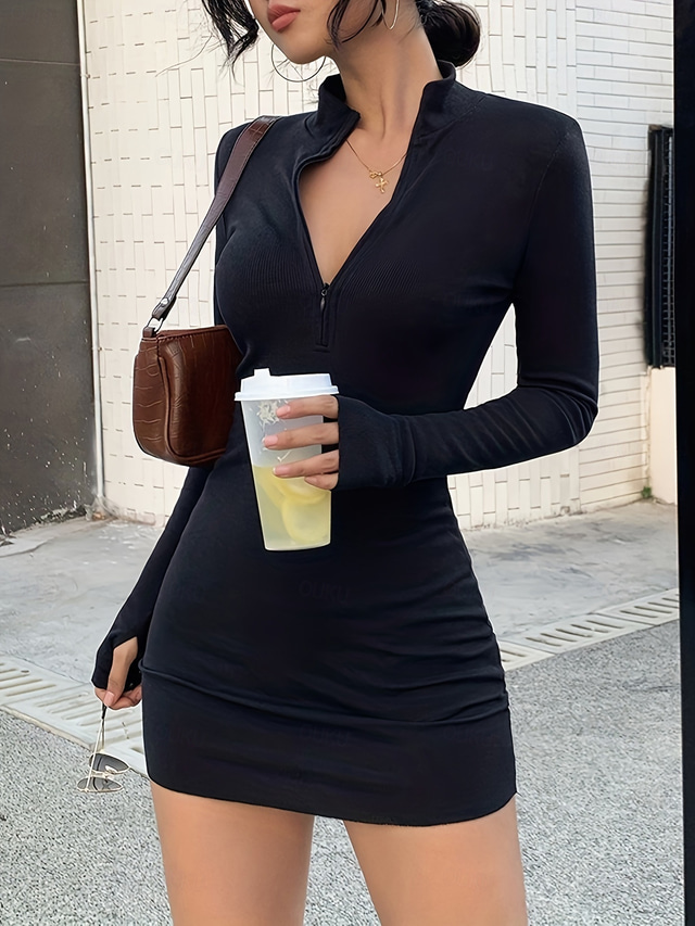  Per donna Mini Abito Abito Elegante Elegante Casual Vestibilità aderente Semplice Manica Lunga Collo alla coreana Nero Estate