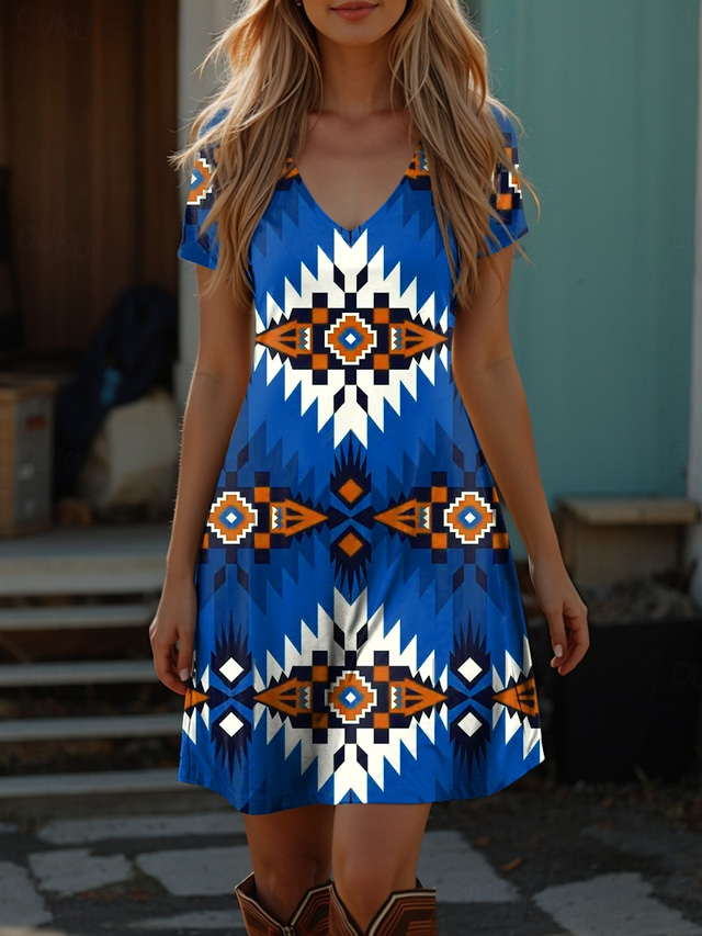  Dámské Boho šaty západní šaty vintage mini šaty T-shirt šaty tee šaty letní šaty prázdninové ležérní plážové vycházkové regular fit grafické kmenové krátký rukáv V výstřih červená modrá fialová