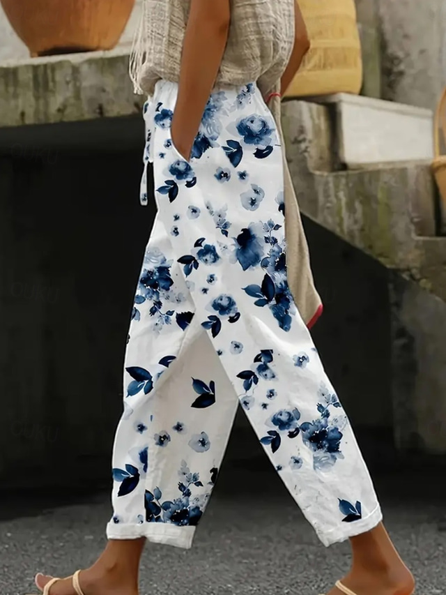  Women's Skinny Elegant Vacation Vintage Full Length High Waist Graphic Striped Printing Breathable Soft Micro-elastic Outdoor Daily Ash Robin's Egg Blue Pink Green Summer Spring Loose Fit