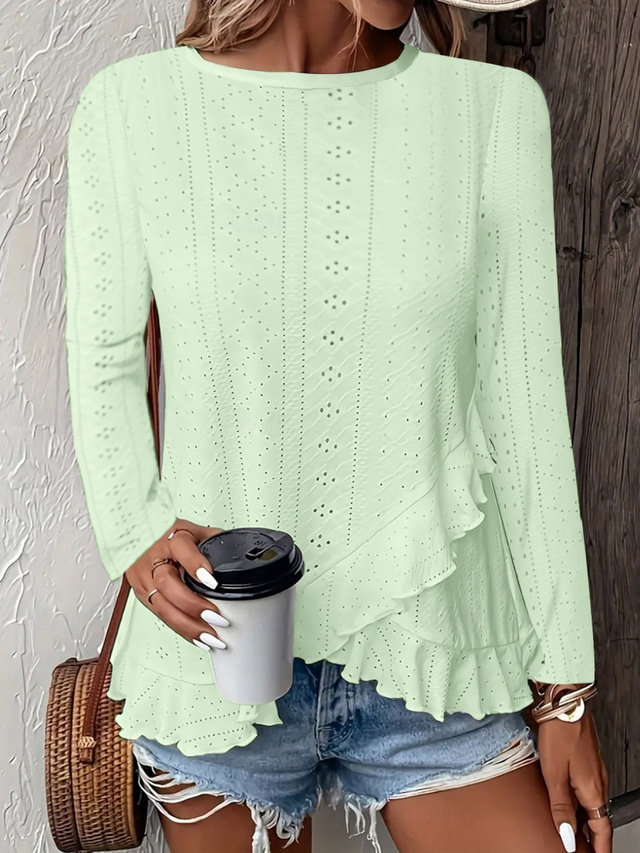  Women's Blouse Solid Color Stylish Casual Long Sleeve Crew Neck Regular Tops Daily Ruffle Eyelet White Yellow Blue Green Summer Spring