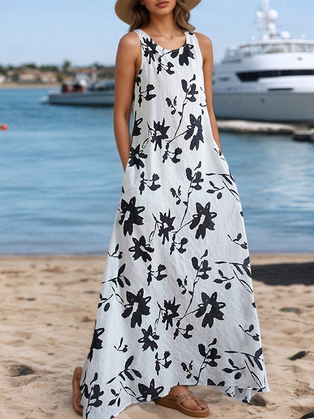  Women's Maxi Dress A Line Dress Summer Dress Boho Daily Holiday Regular Fit Floral Color Block Sleeveless Crew Neck White Blue Summer