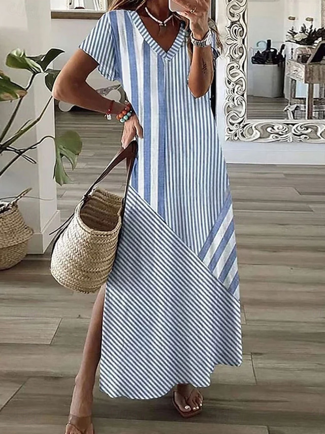  Mujer Vestido maxi Vestido de una línea Vestido de verano Vacaciones Casual Diario Ajuste regular Graphic A Rayas Manga Corta Escote en Pico Rosa Azul Piscina Gris Verano