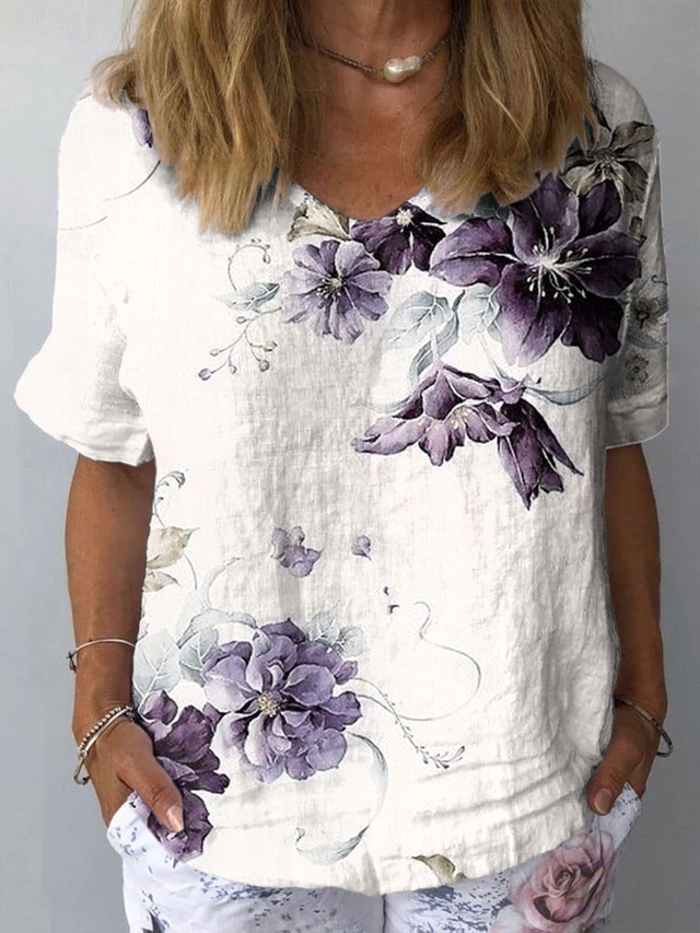  Women's Shirt Floral Graphic Plants Stylish Classic Casual Short Sleeve Crew Neck Regular Tops Daily Beach Wear Vacation Wear Print Blue Purple Summer Spring