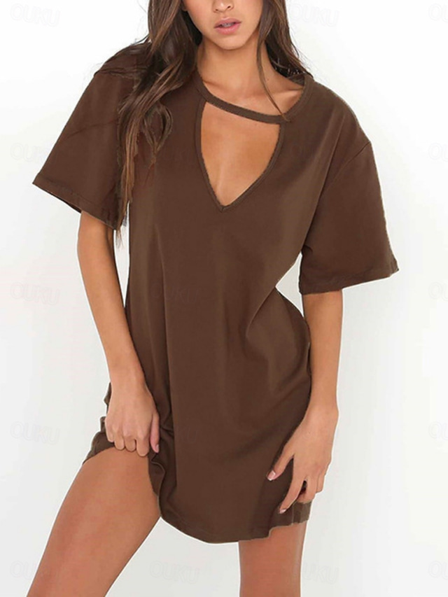  Women's Mini Dress T Shirt Dress Tee Dress Summer Dress Casual Daily Regular Fit Plain Short Sleeve V Neck Black White Brown Green Summer
