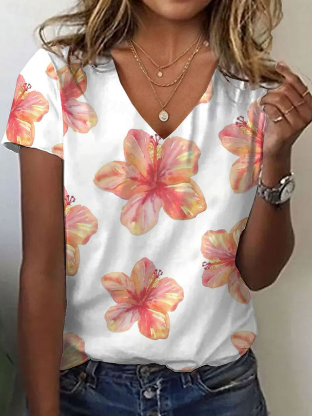  Women's T Shirt Floral Graphic Vintage Stylish Classic Short Sleeve V Neck Regular Tops Daily Print Orange Summer Spring