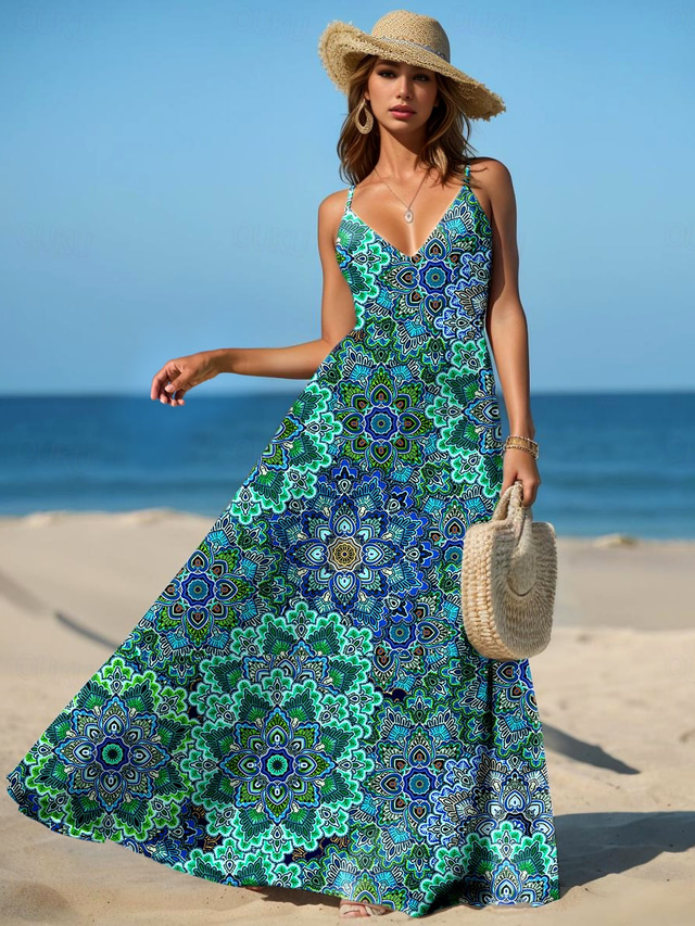 Damskie Sukienka maxi Sukienka letnia Sukienka A line Sukienka na ramiączkach Urlop Codzienny Boho Plaża Regularny Graficzny Abstrakcja Zabytkowe Bez rękawów W serek Zielony Lato Wiosna