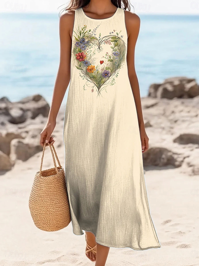  Damen Maxikleid Sommerkleid Shiftkleid Schulterfreies Kleid Lässig Ausgehen Strand Normale Passform Herz Blumen Grafik Ärmellos V Ausschnitt cremefarben Sommer Frühling