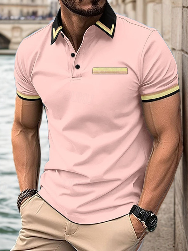  Men's Golf Shirt Golf Polos Shirts Work Casual Lapel Short Sleeve Basic Modern Color Block Patchwork Buttons Summer Regular Fit Black Pink Sky Blue Golf Shirt