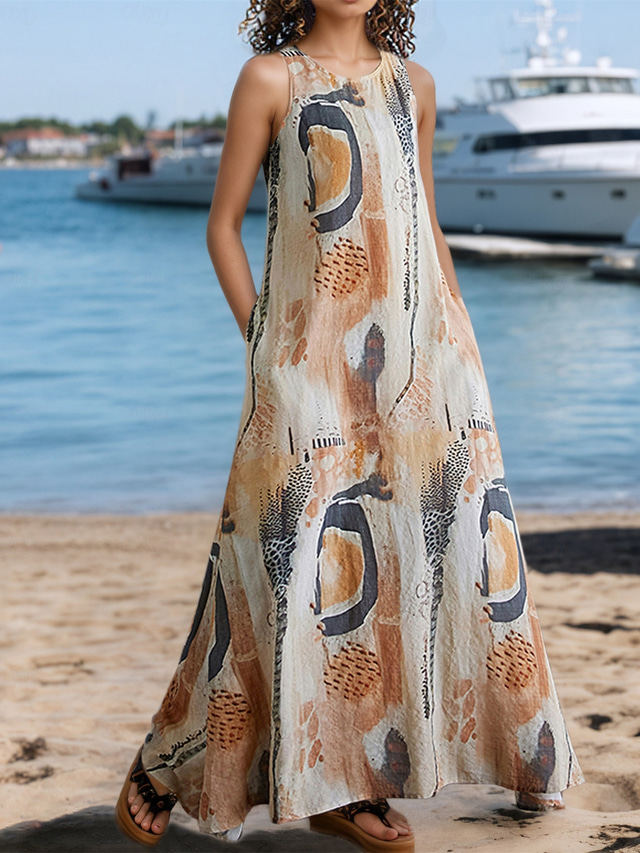  Women's Maxi Dress A Line Dress Summer Dress Boho Daily Holiday Regular Fit Graphic Color Block Sleeveless Crew Neck White Khaki Beige Summer