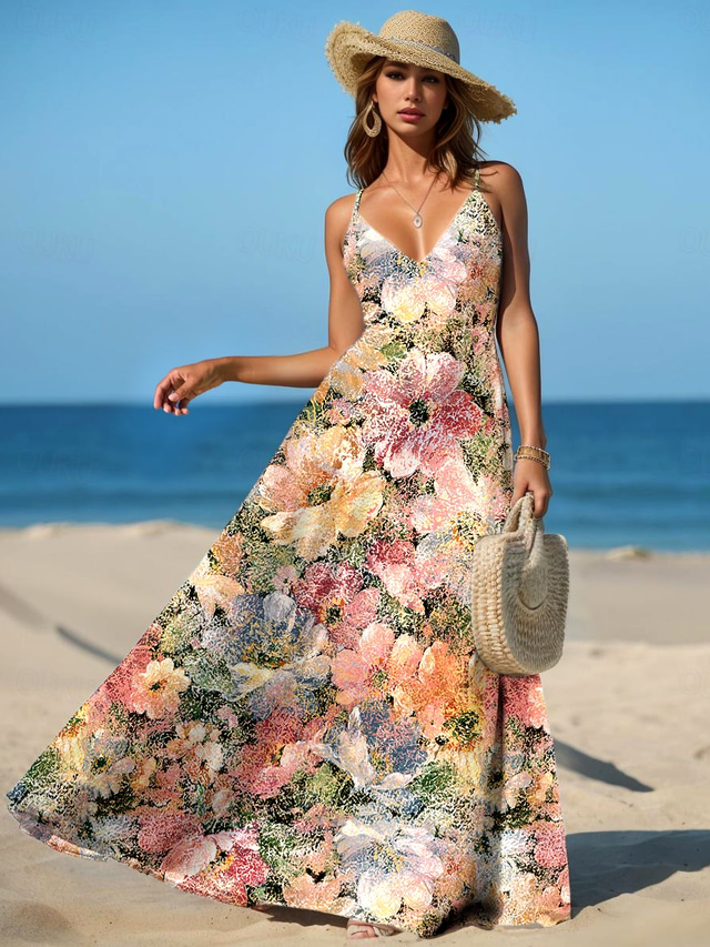  Women's Maxi Dress Sundress A Line Dress Slip Dress Vacation Casual Boho Beach Regular Fit Floral Graphic Vintage Sleeveless V Neck Pink Summer Spring