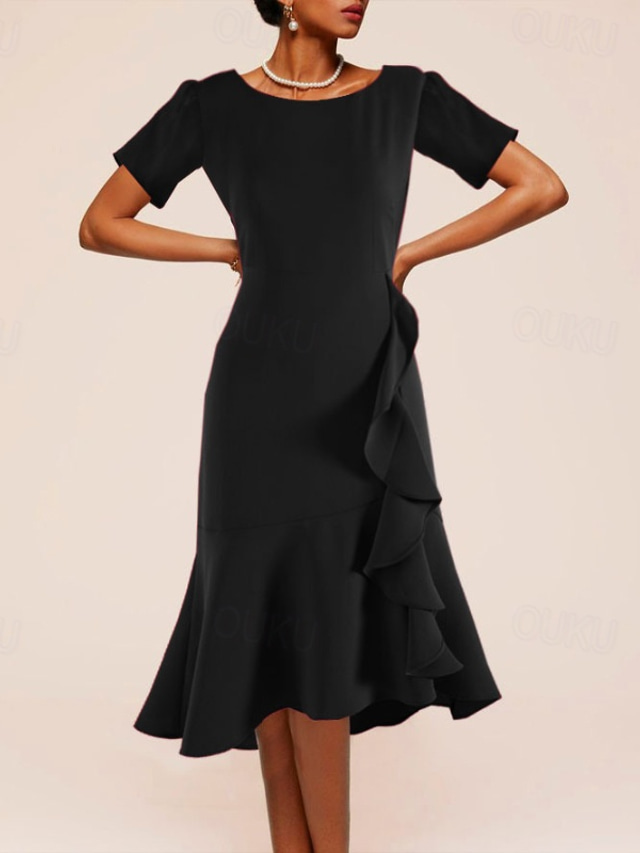  Femmes Robe Midi Robe de Bal Robe de Soirée Robes Péplum Mode Soirée Coupe régulière Uni Manche Courte Col ras du cou Noir Vin Été