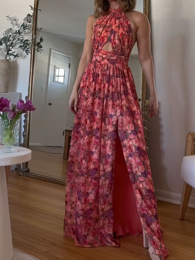  Women's Long Dress Maxi Dress Casual Dress Floral Dress Fashion Elegant Dress Outdoor Party Holiday Regular Fit Flower Sleeveless Halter Neck Red Summer