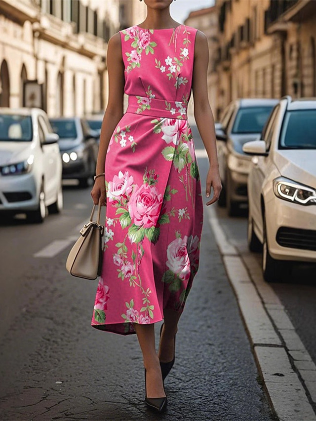  Women's Midi Dress Prom Dress Floral Dress Summer Dress Elegant Fashion Outdoor Party Date Regular Fit Flower Sleeveless Crew Neck Pink Summer Spring