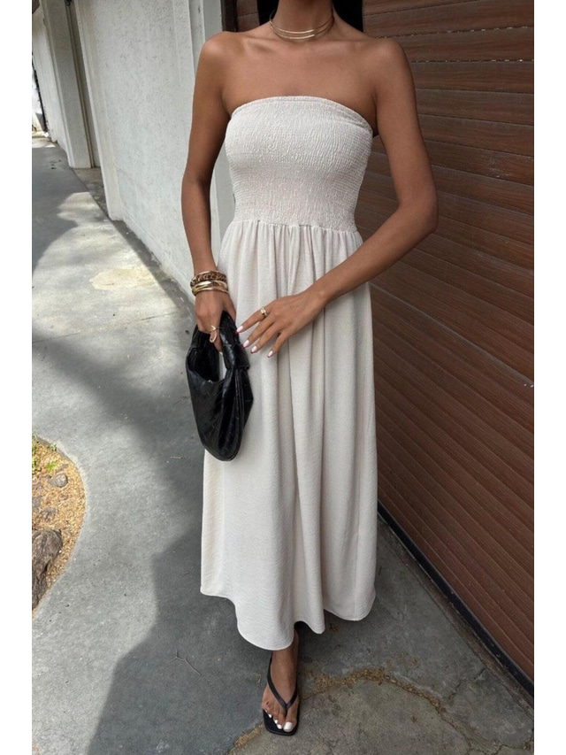 Dames Lange jurk maxi-jurk Swingjurk Zomerjurk Elegant Uitgaan Strand Zomerjurk Normale pasvorm Heldere kleur Mouwloos Strapless Zwart Geel Bruin Beige Zomer