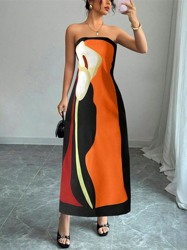  Women's Long Dress Maxi Dress Casual Dress Summer Dress Fashion Outdoor Party Holiday Regular Fit Color Block Sleeveless Cold Shoulder Blue Orange Green Summer