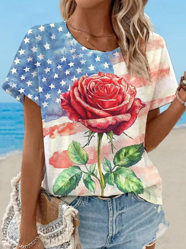  T-shirt patriotique pour femme graphique drapeau vintage élégant classique à manches courtes col rond haut régulier impression quotidienne week-end blanc rouge bleu poussiéreux bleu clair