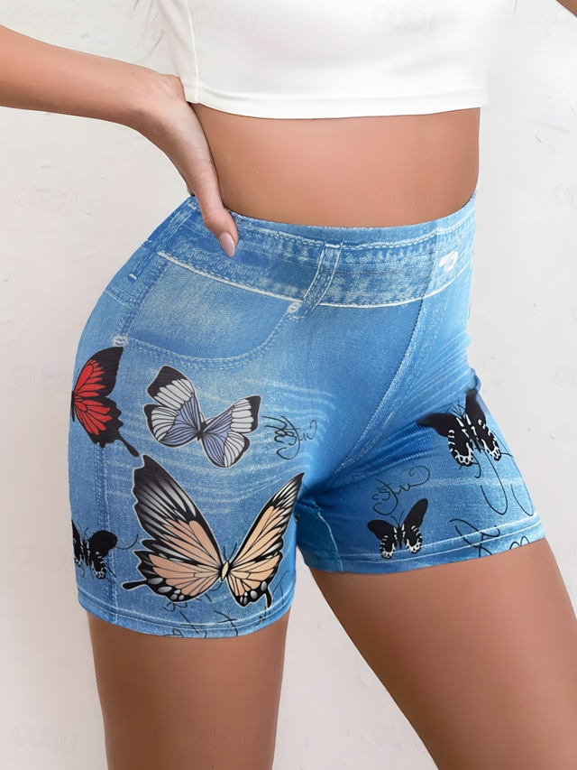 Calças Leggings Femininas Shorts Impressão 3D Chinos Férias Vintage Moda de Rua Curto Cintura Alta Impressão Lisa Confortável Macia Elástica Externo Férias Rua Azul Marinho Azul Real Azul Verão