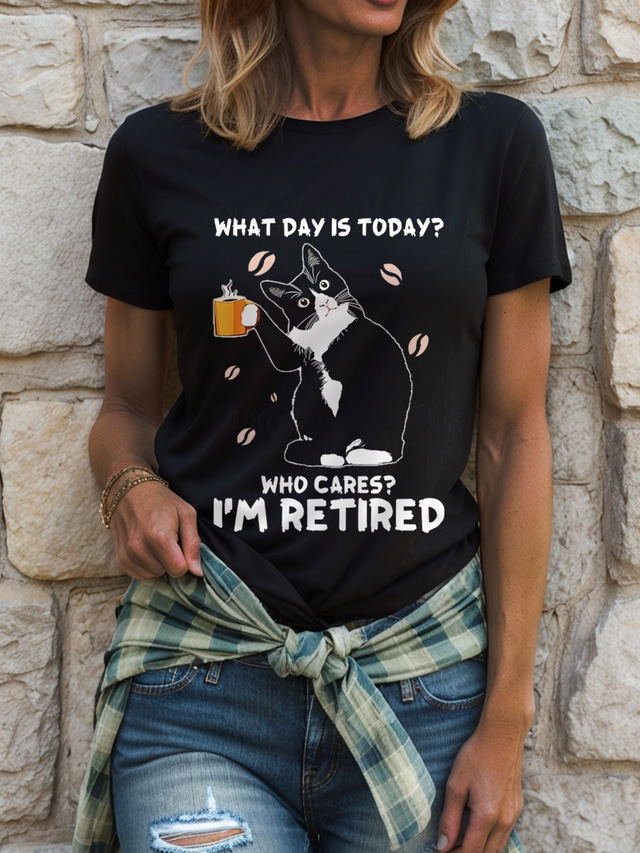  女性用 Tシャツ グラフィック 動物 猫 ヴィンテージ スタイリッシュ クラシック 半袖 クルーネック ラウンドネック レギュラートップス 日常 週末 プリント ブラック ホワイト ピンク ルビーレッド ブルー 夏 春