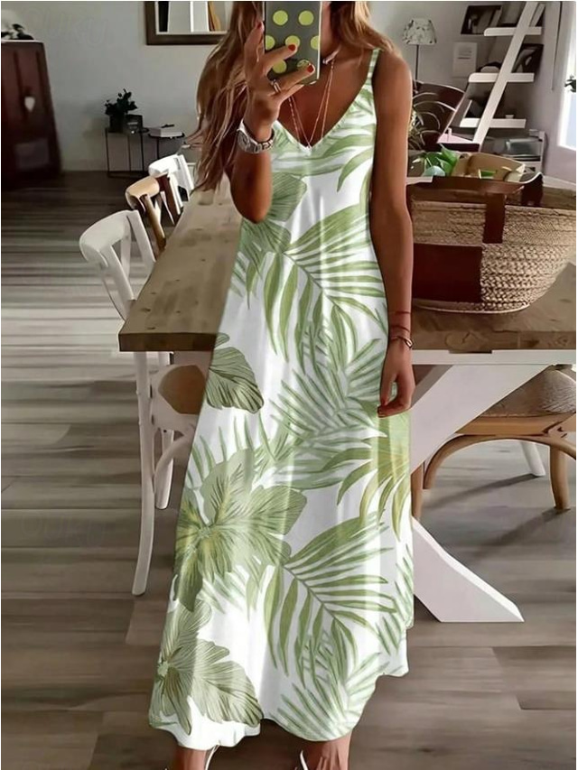  Per donna Abito maxi Vestito Estivo Abito a trapezio Abito Sottoveste Vacanza Casual Boho Spiaggia Vestibilità regolare Grafico Foglia Senza Maniche Scollo a V Blu Verde Estate Primavera