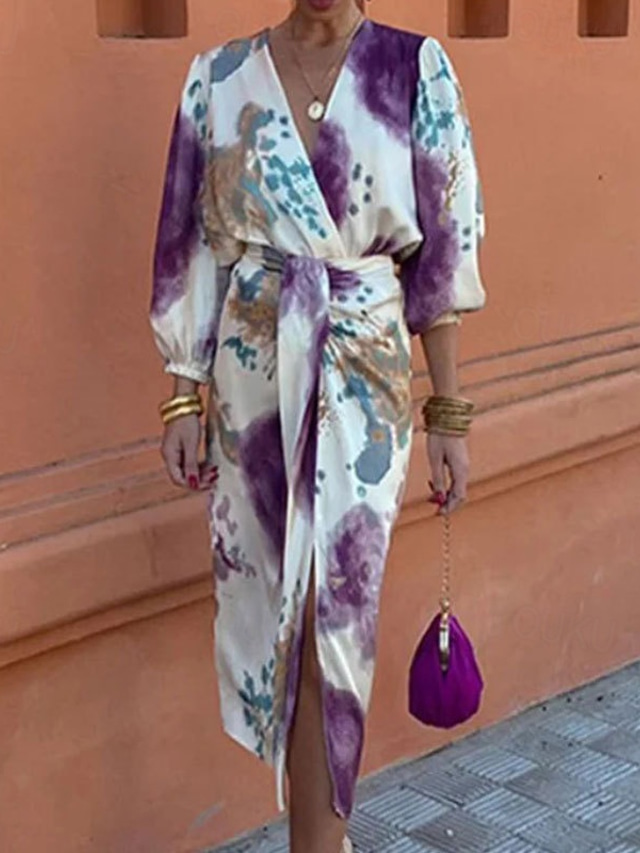 Women's Midi Dress Casual Dress Floral Dress Print Dress Fashion Modern Outdoor Holiday Going out Regular Fit Flower Long Sleeve V Neck Purple Summer