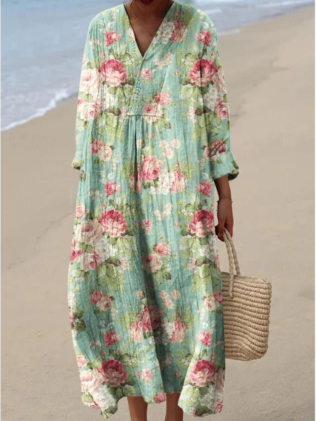  Per donna Abito Midi Vestito Estivo Abito a trapezio Vacanza Casual Boho Feste Uscire Spiaggia Floreale Grafico Manica Lunga Scollo a V Rosa chiaro Bianco Verde chiaro Rosa Estate Primavera