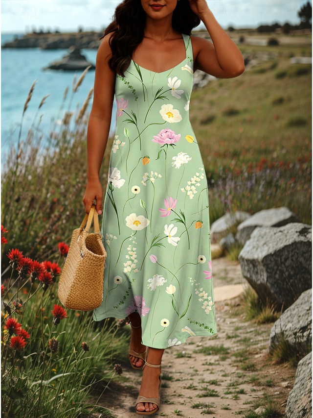 Damen Maxikleid A Linie Kleid Schulterfreies Kleid Urlaub Lässig Strand Party Normale Passform Blumen Grafik Ärmellos Quadrathals Schwarz Weiß Blau Grün Sommer Frühling