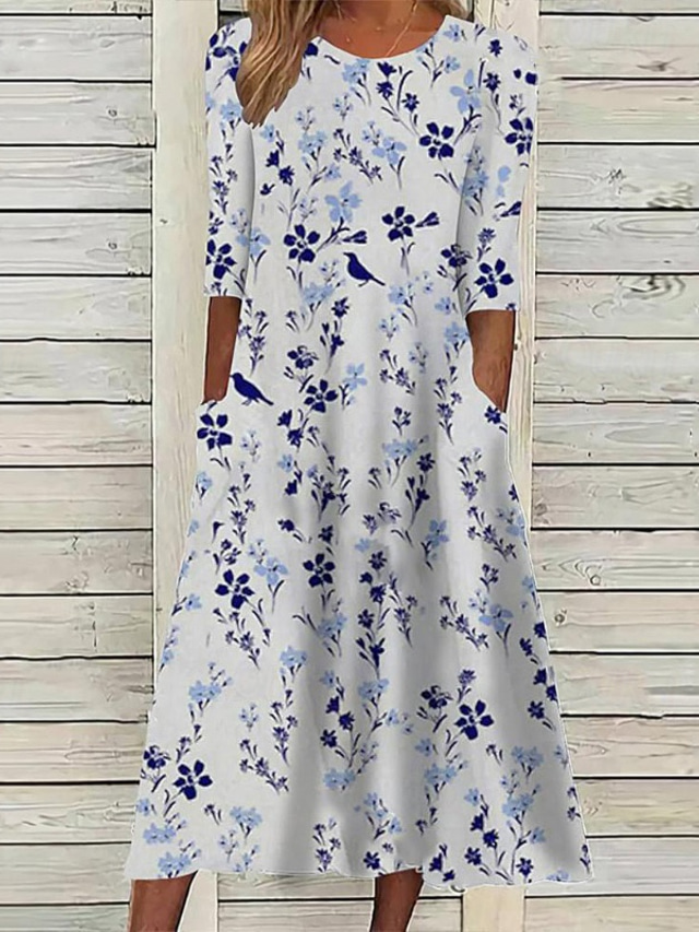  Dame Lang kjole Maxikjole Uformell kjole Floral kjole Klassisk Moderne utendørs Daglig Ut på byen Normal Blomsternål i krystall Langermet Crew-hals Hvit Blå Sommer