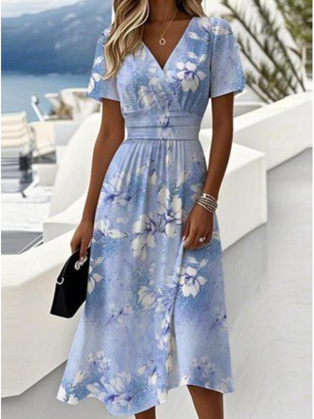  Femmes Mini Robe Robe Nuisette Vacances Occasionnel Chaussures de plage Sortir Plage Coupe régulière Fleuri Graphique Manche Courte Col en V Rose Claire Bleu Été Printemps