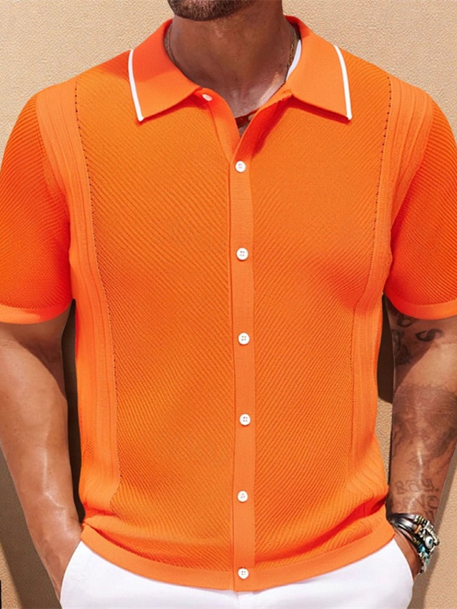  Men's Button Up Polos Golf Shirt Casual Sports Lapel Short Sleeve Fashion Basic Plain Buttons Summer Blue Orange Gray Button Up Polos