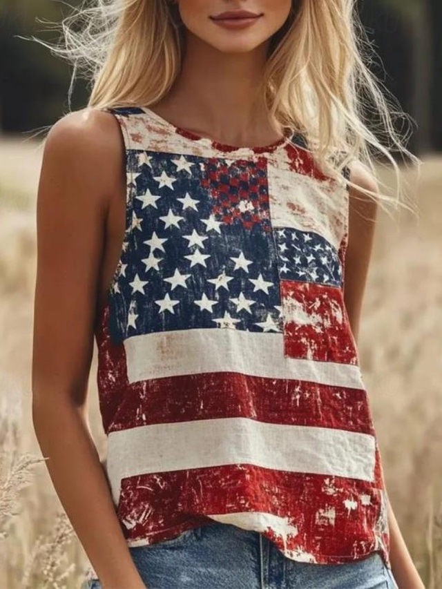  Women's Patriotic  Camisole Tank Top Graphic Flag USA Bohemia Daily Retro Vintage Sleeveless Crew Neck Regular Tops Vacation Wear Red Summer Spring