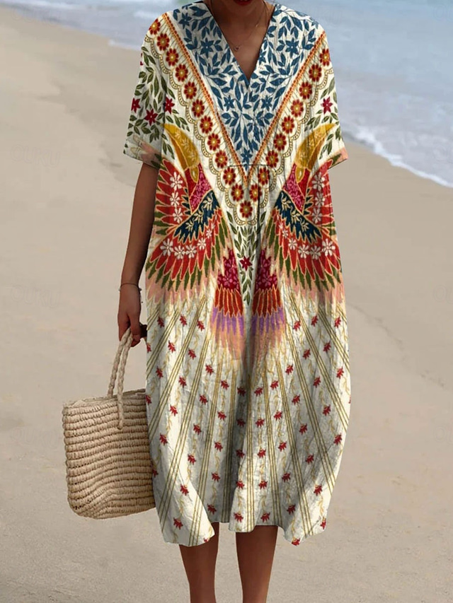  Femmes Robe Midi Robe d'Été Robe trapèze Vacances Occasionnel Boho Soirée Sortir Plage Fleuri Graphique manche longue Col en V Beige Été Printemps