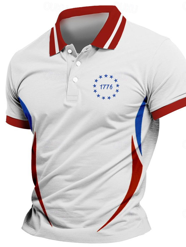  Independence Day Men's American Flag Polo Short Sleeves Polo Collar Casual Daily Athleisure Festival Buttons Summer Robin's Egg Blue Red
