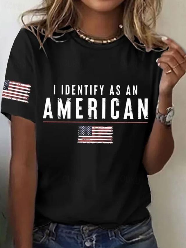  Women's Patriotic  T Shirt Graphic Flag Vintage Stylish Classic Short Sleeve Crew Neck Regular Tops Daily Weekend Print Black White Gray Summer