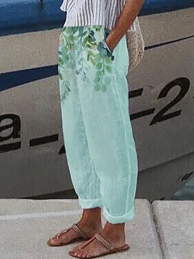  Women's Wide Leg Elegant Vacation Vintage Full Length High Waist Floral Graphic Printing Breathable Soft Micro-elastic Outdoor Daily Forest Green Milk Green Summer Spring Loose Fit