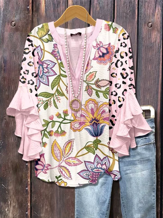  Women's Blouse Floral Graphic Leopard Elegant Bohemia Vintage 3/4 Length Sleeve V Neck Regular Tops Daily Holiday Vacation Wear Ruffle Print Blush Pink Light Green Pink Light Blue Summer Spring Fall