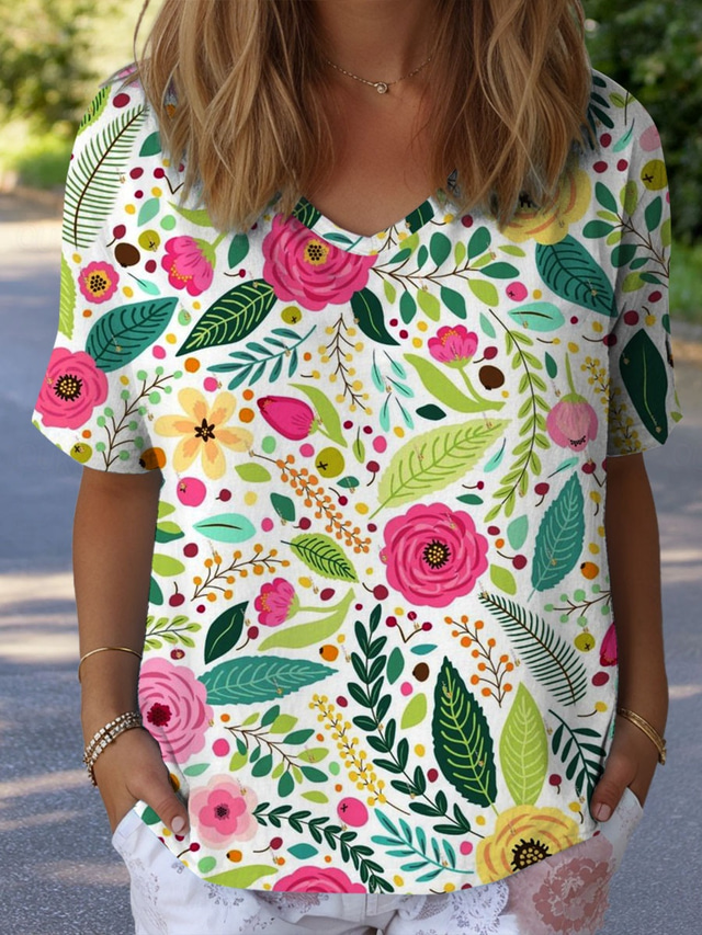  Women's T Shirt Floral Graphic Plants Vintage Stylish Classic Short Sleeve V Neck Regular Tops Daily Weekend Print White Yellow Blue Green Summer