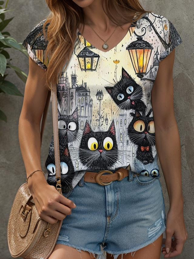  Women's Animal Cat Camisole Tank Top Vintage Tropical Stylish Sleeveless Short Sleeve V Neck Regular Tops Daily Print Yellow Summer Spring