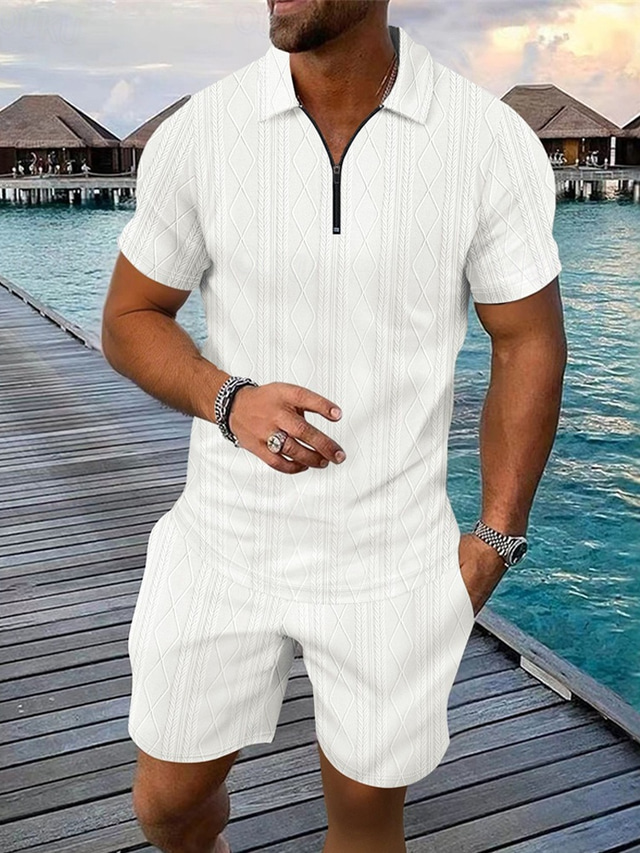  Per uomo Polo con zip a un quarto Maglia da golf Quotidiano Ferie Bavero Manica Corta Moda Essenziale Semplice 2 Pezzi Jacquard Estate Vestibilità regolare Nero Bianco Blu Cachi Verde militare Grigio