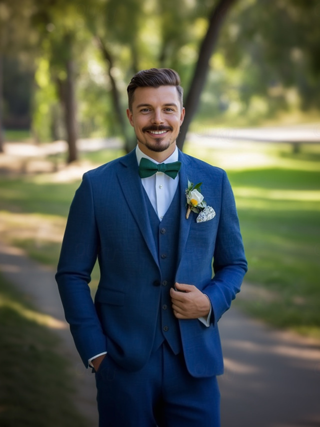  Trajes de lino para boda de hombre, azul real, moda de verano, formales, de color liso, corte estándar, 3 piezas, botonadura sencilla, un botón
