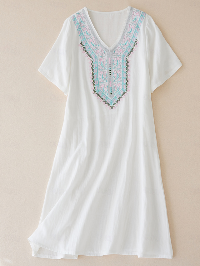  Women's Mini Dress Linen Dress Casual Dress Modern Cap Sleeve Wedding Daily Date Loose Fit Geometric Embroidery Short Sleeve V Neck White Summer