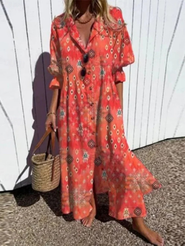  Women's Maxi Dress A Line Dress Casual Outdoor Going out Regular Fit Floral Long Sleeve V Neck White Blue Orange Green Summer Spring