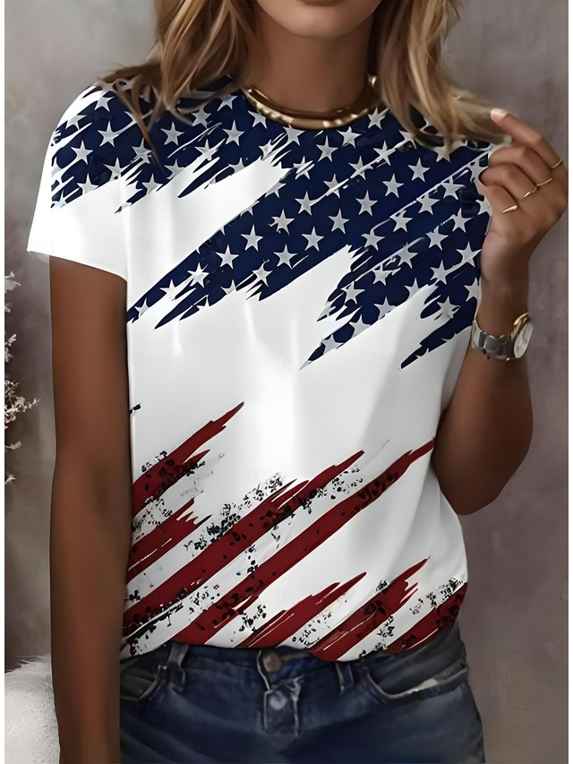  Women's Patriotic  T Shirt Graphic Flag American Flag Vintage Stylish Classic Short Sleeve Crew Neck Regular Tops Daily Weekend Print White Red Summer Spring